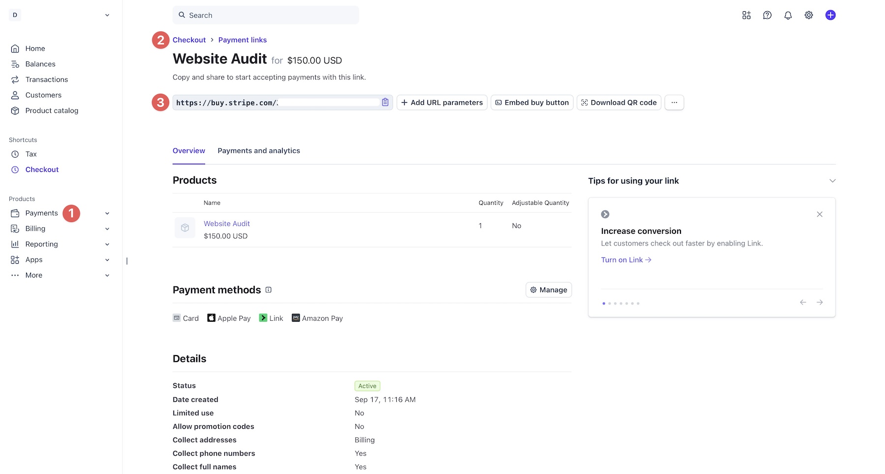 Payment Link in the Stripe dashboard