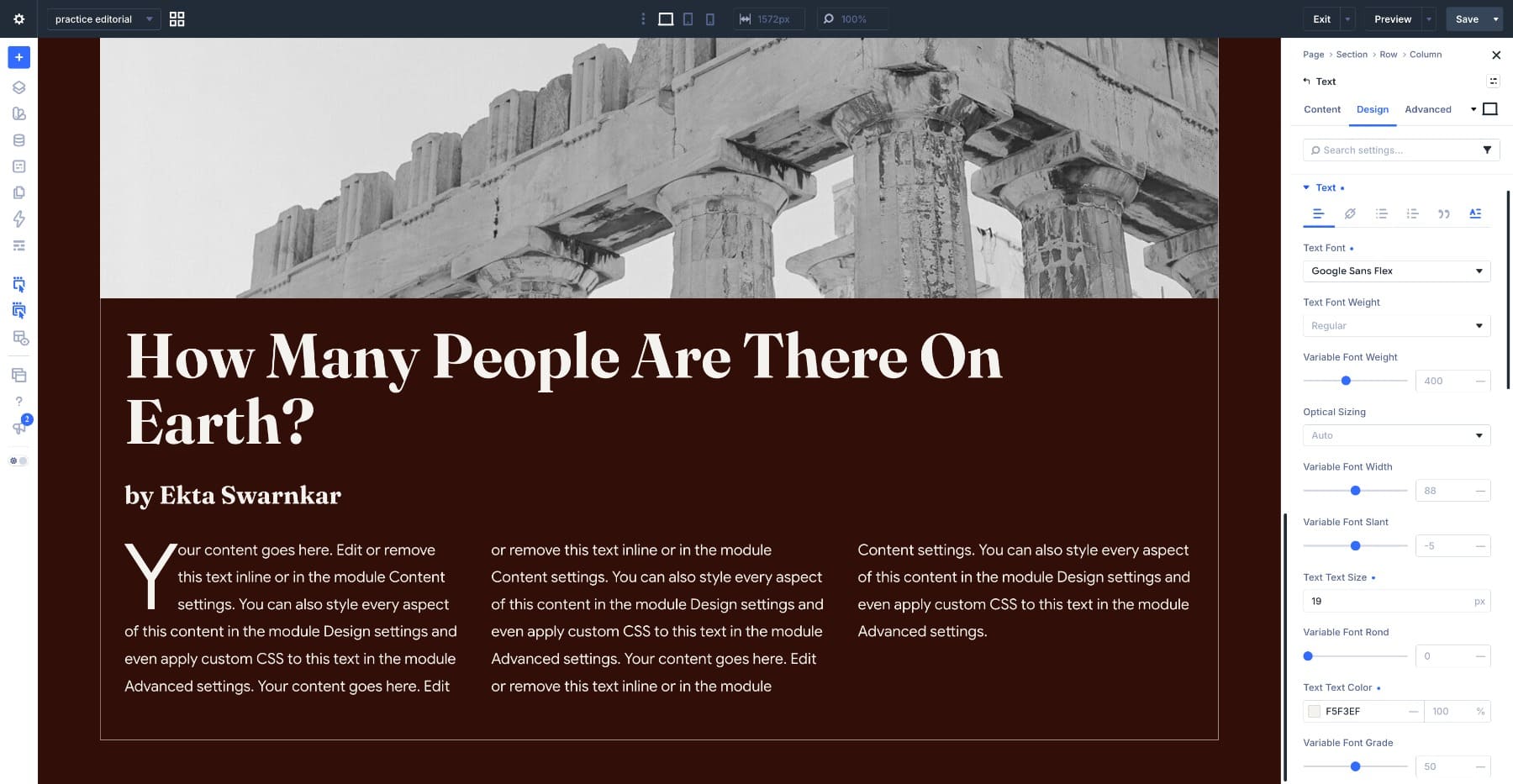 Typography settings for the featured story excerpt