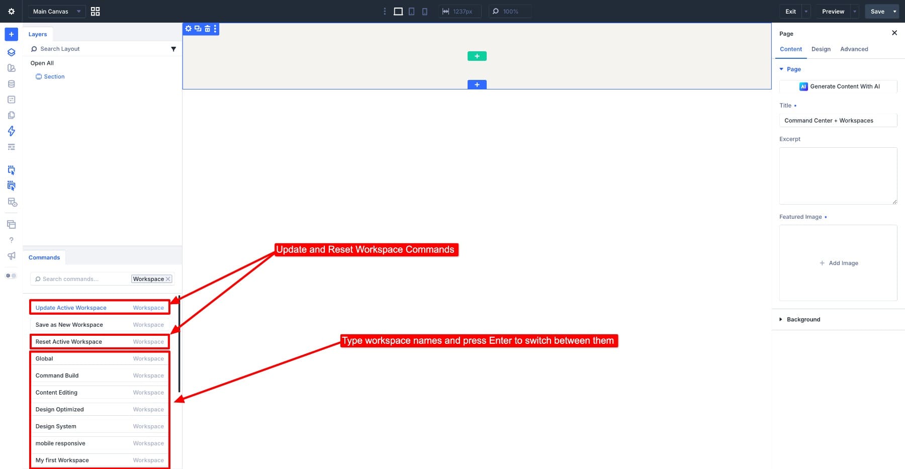 Update Active Workspace and Reset Active Workspace commands in the Divi 5 Command Center