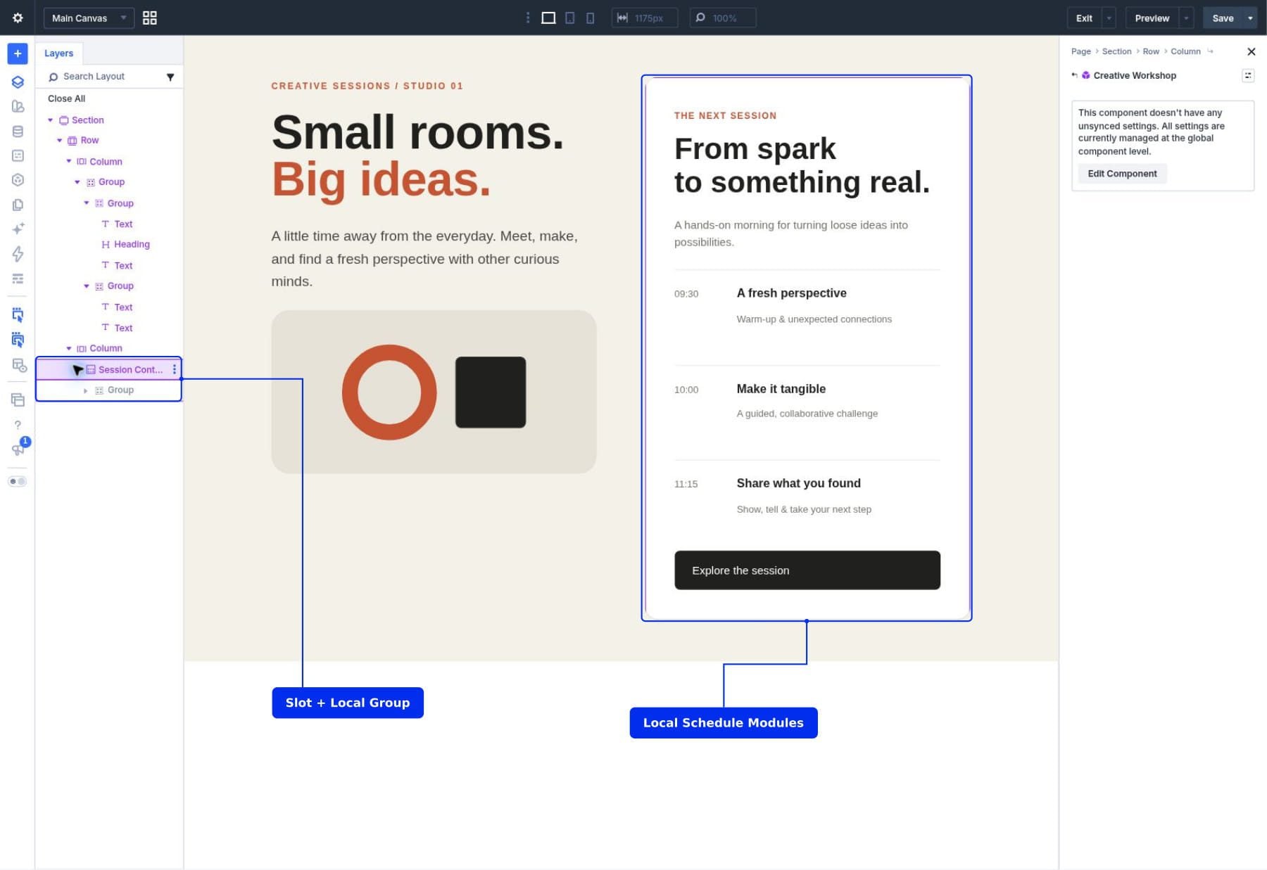 Annotated Divi 5 workshop layout showing the shared Component design and the local content inside its Slot.
