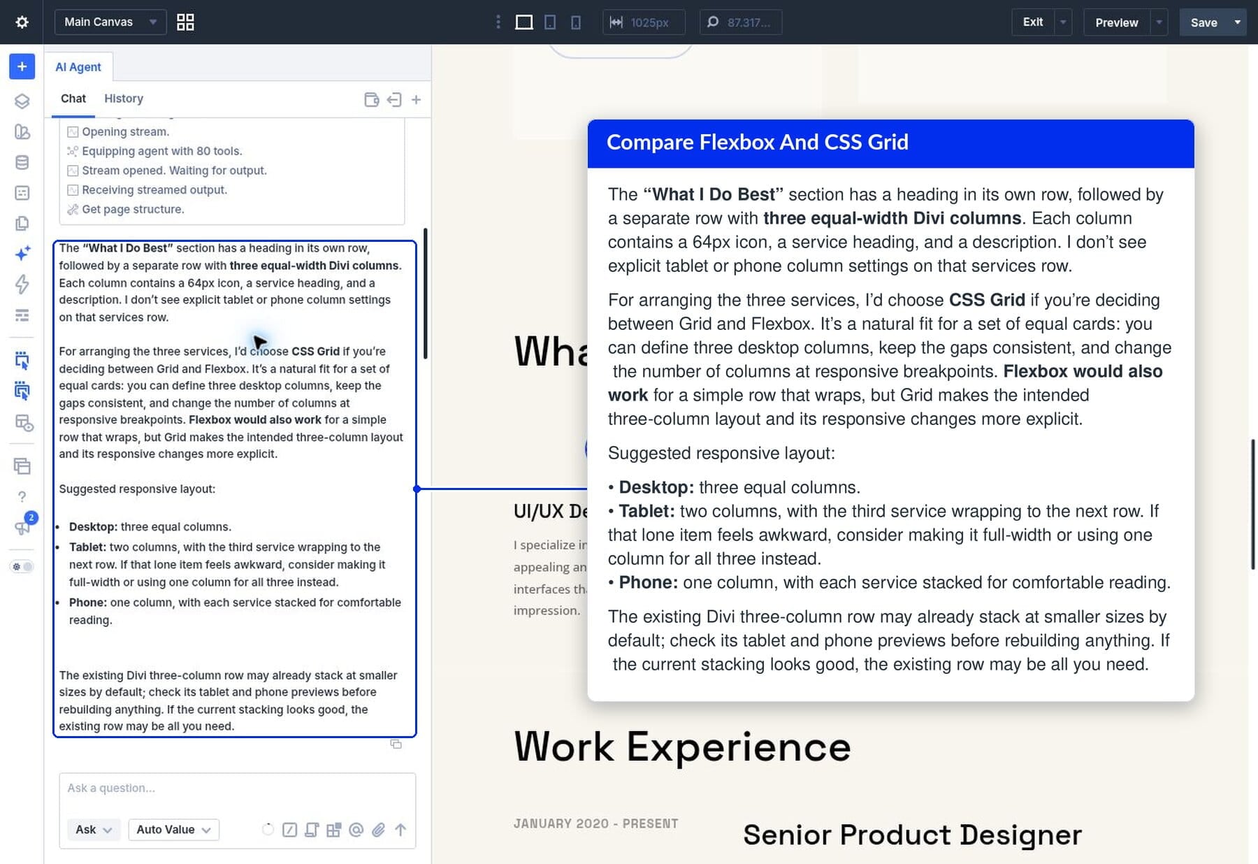 Ask recommending CSS Grid or Flexbox for the What I Do Best services row