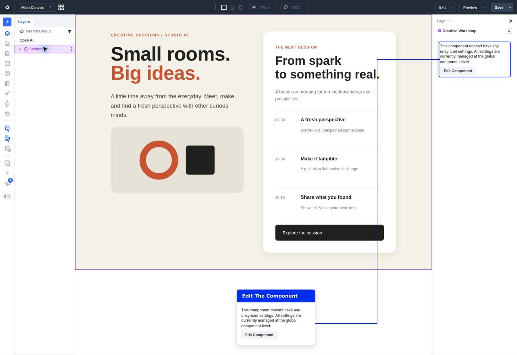 Selecting Edit Component to open the shared Creative Workshop source in Divi 5.