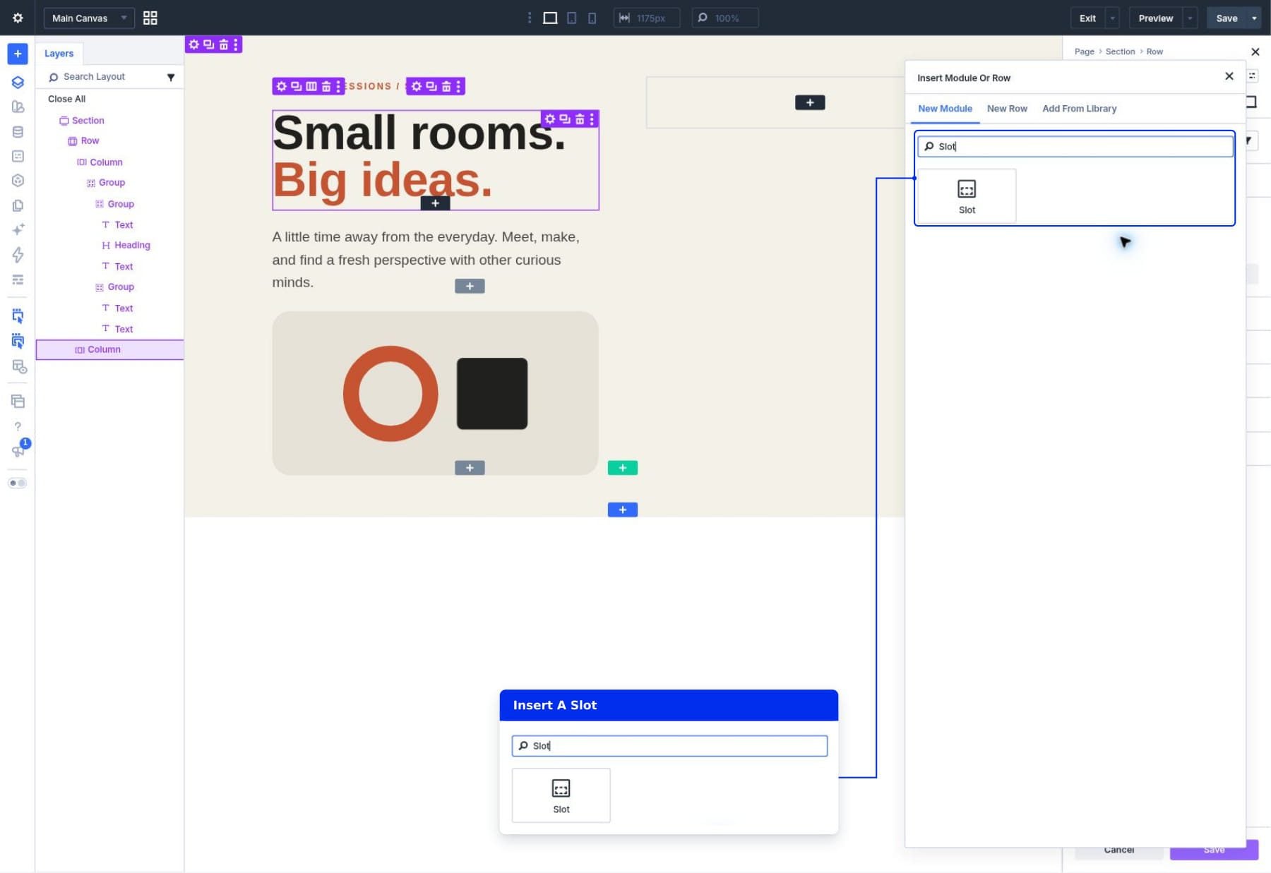 Searching for the Slot module in Divi 5 to insert it into the Component's right column.