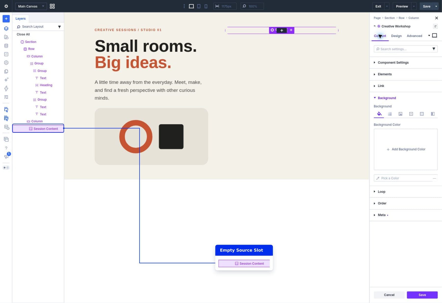 An empty Slot labeled Session Content inside the shared Creative Workshop Component.