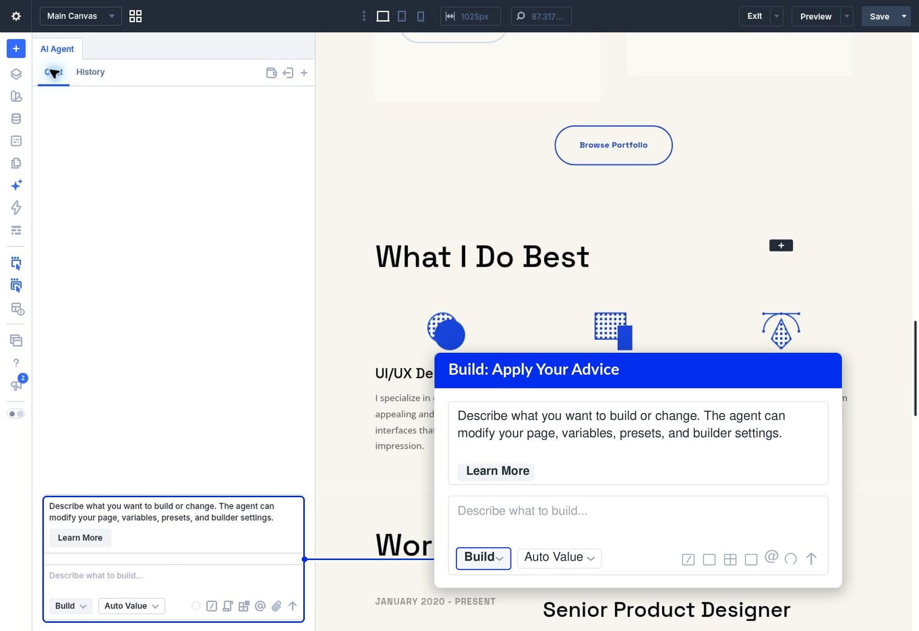 Switching from Ask to Build in the Divi AI Agents panel