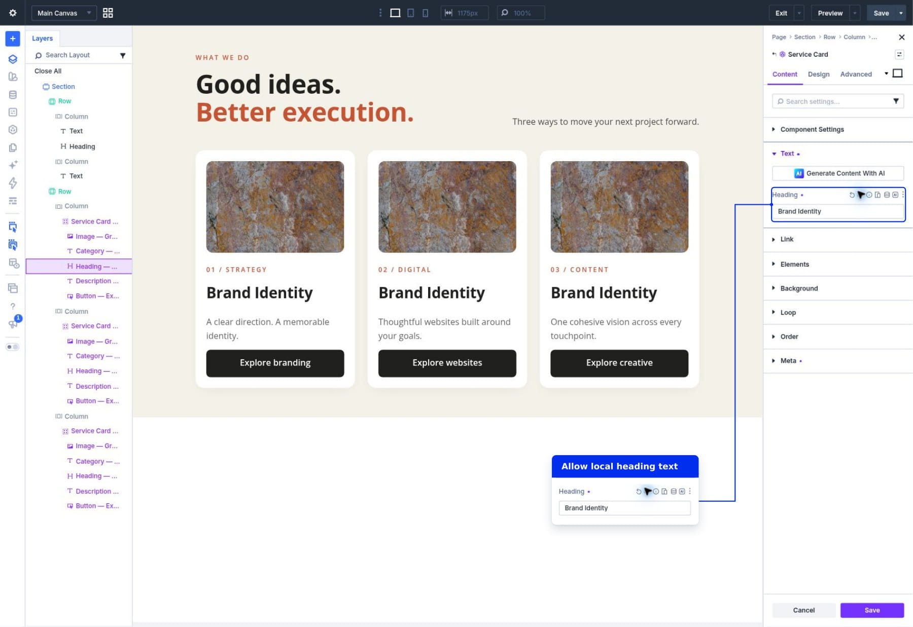 Making the service title editable on Component instances while its design remains synchronized