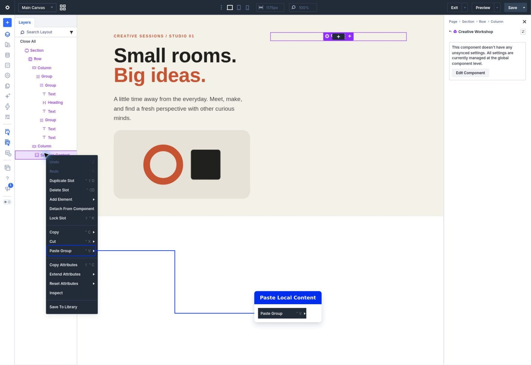 Pasting the copied schedule Group into the Session Content Slot of a page instance.