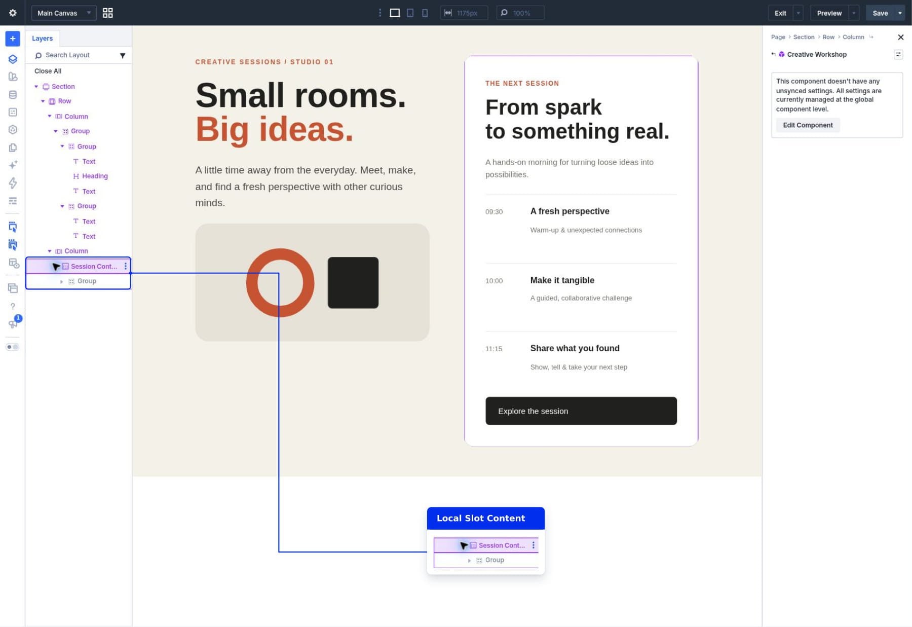 Divi 5 Layers view showing the schedule Group and its modules nested inside the Session Content Slot.
