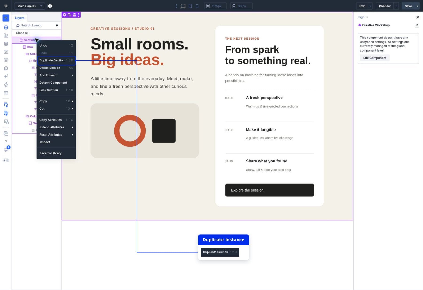 Duplicating the Creative Workshop Component instance to create a second local Slot layout.