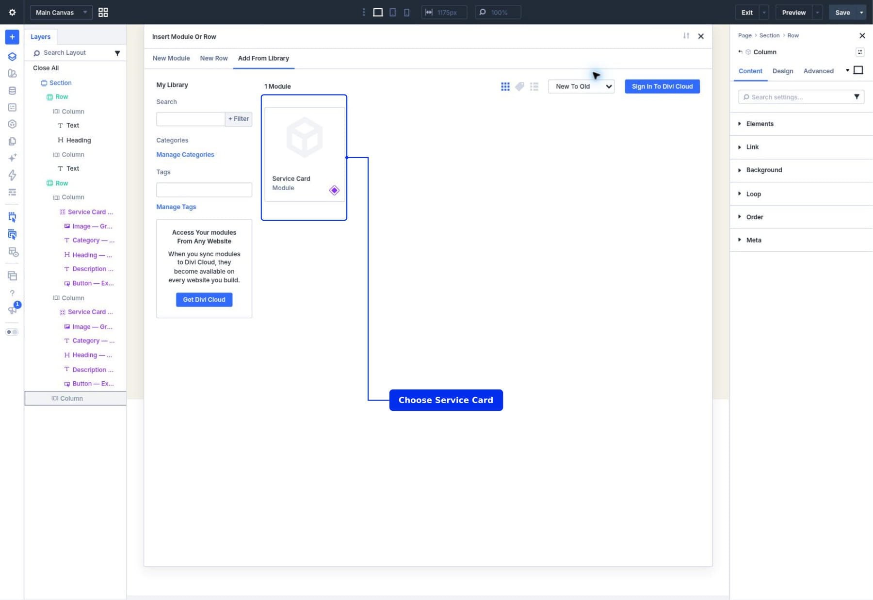 Selecting the saved Service Card Component in the module Library