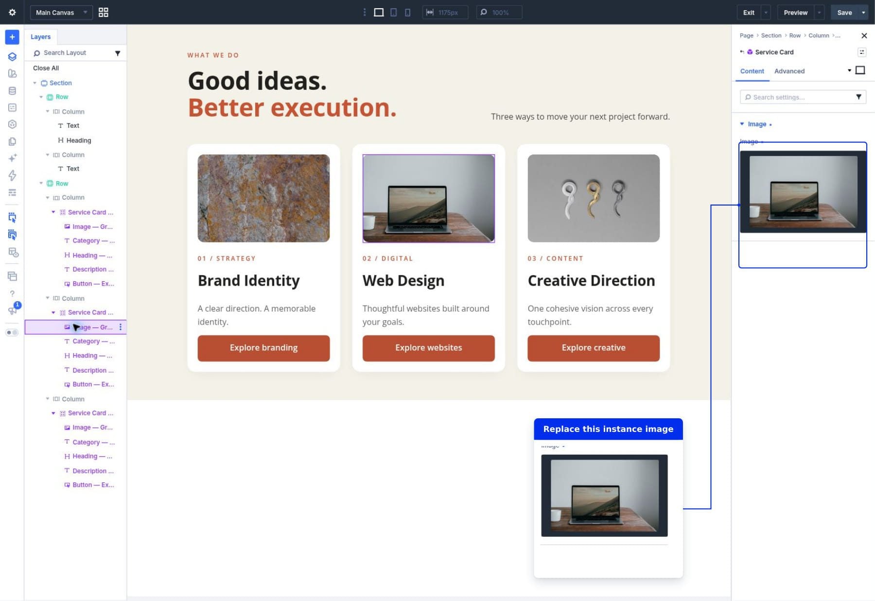 Changing the image on the Web Design Component instance without changing its shared image frame