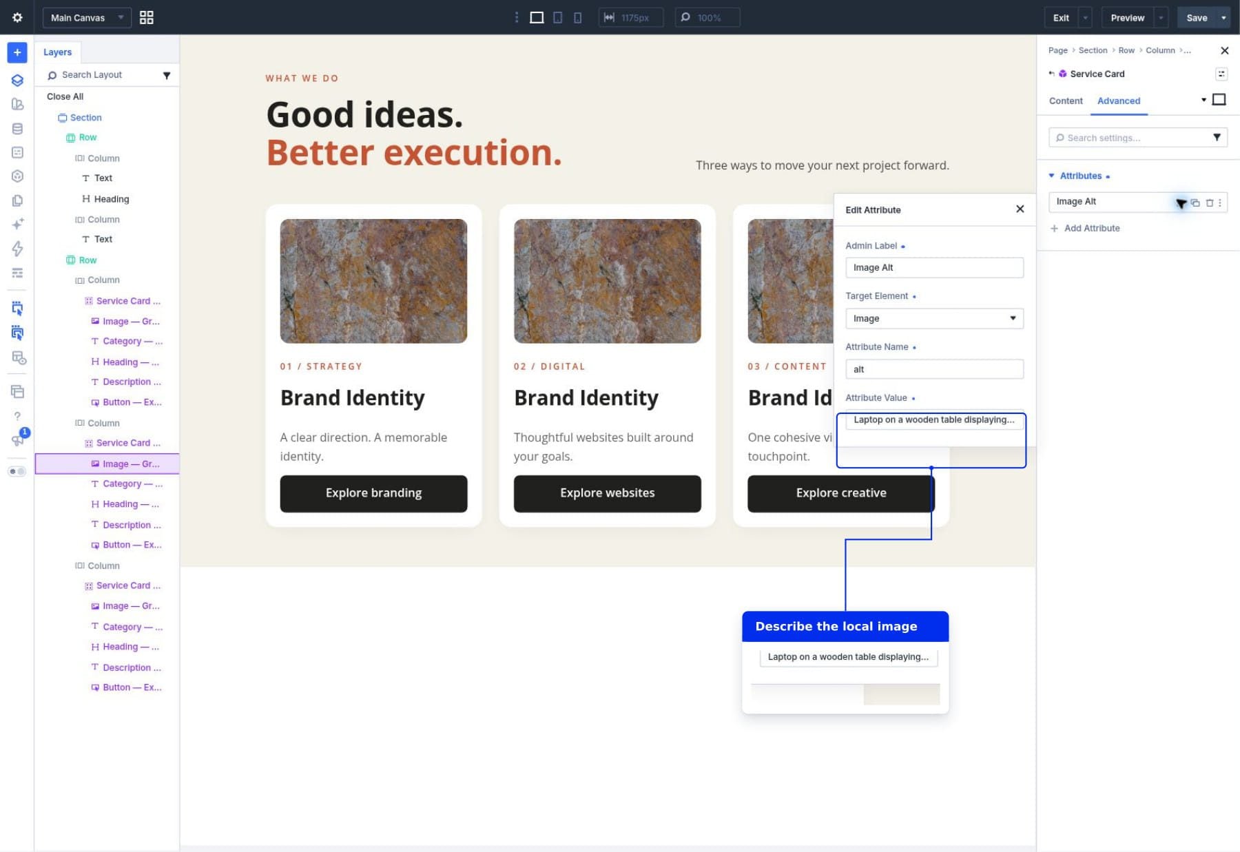 Updating the Web Design photo's Image Alt attribute on its Component instance
