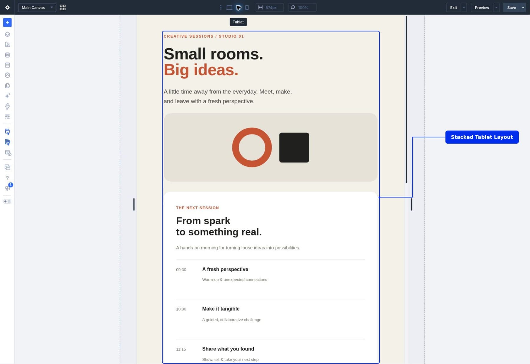 Divi 5 tablet preview showing the workshop introduction stacked above its local Slot content.