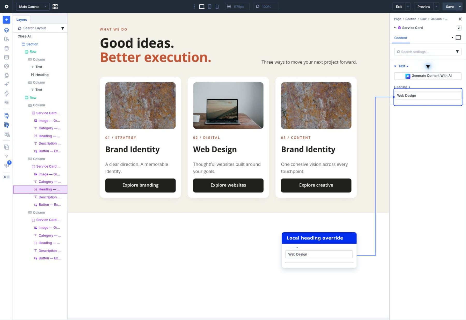 Entering Web Design as a local heading override on the second service card
