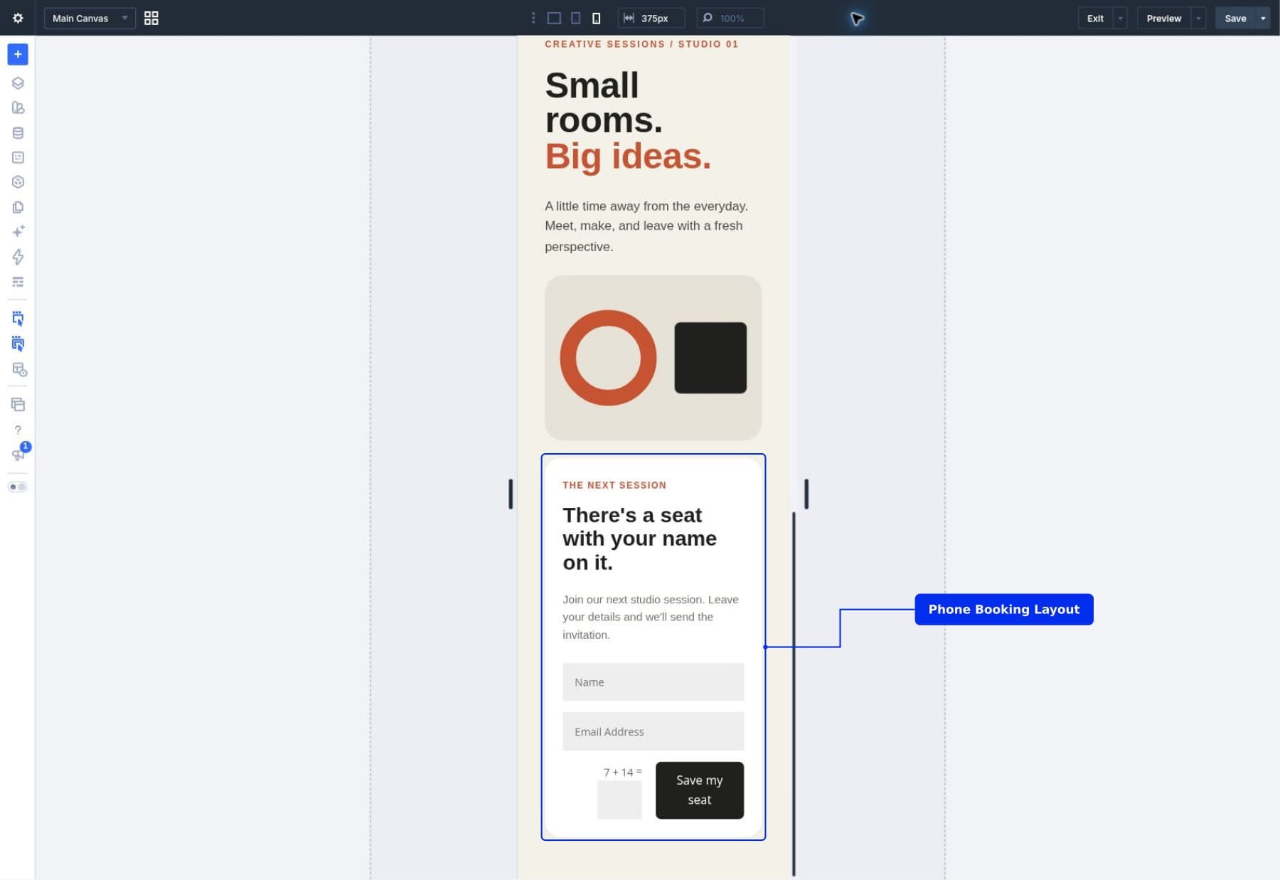 Divi 5 phone preview showing the booking Slot with full-width Name and Email fields at 375px.