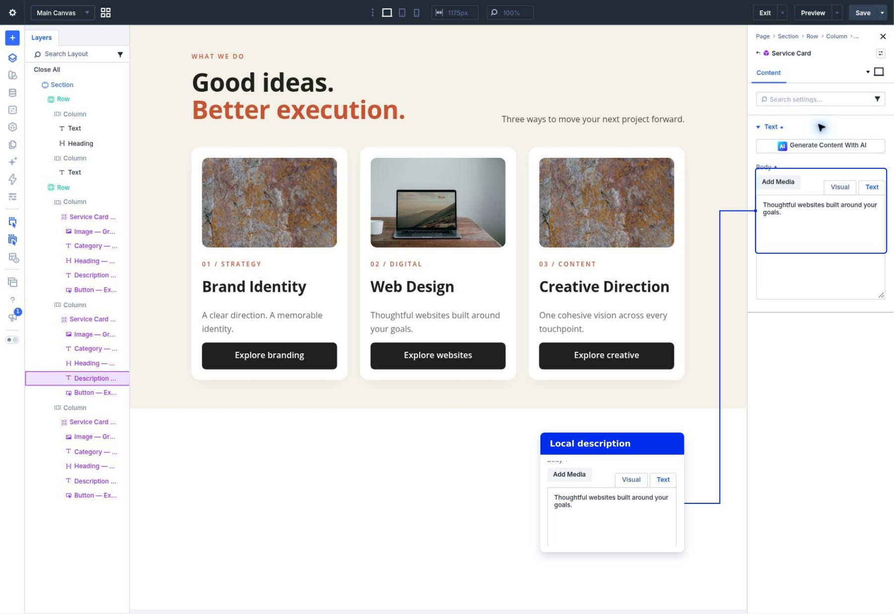 Editing the Web Design card's locally editable description