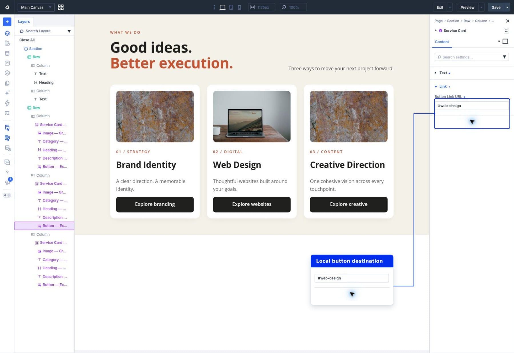 Setting an instance-specific Button Link URL for the Web Design service card