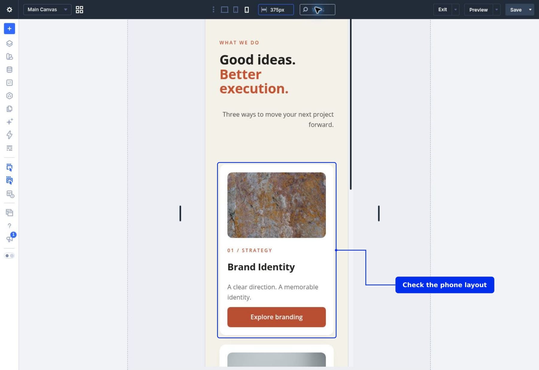 Service Card example in Divi 5 phone preview with stacked cards and responsive content