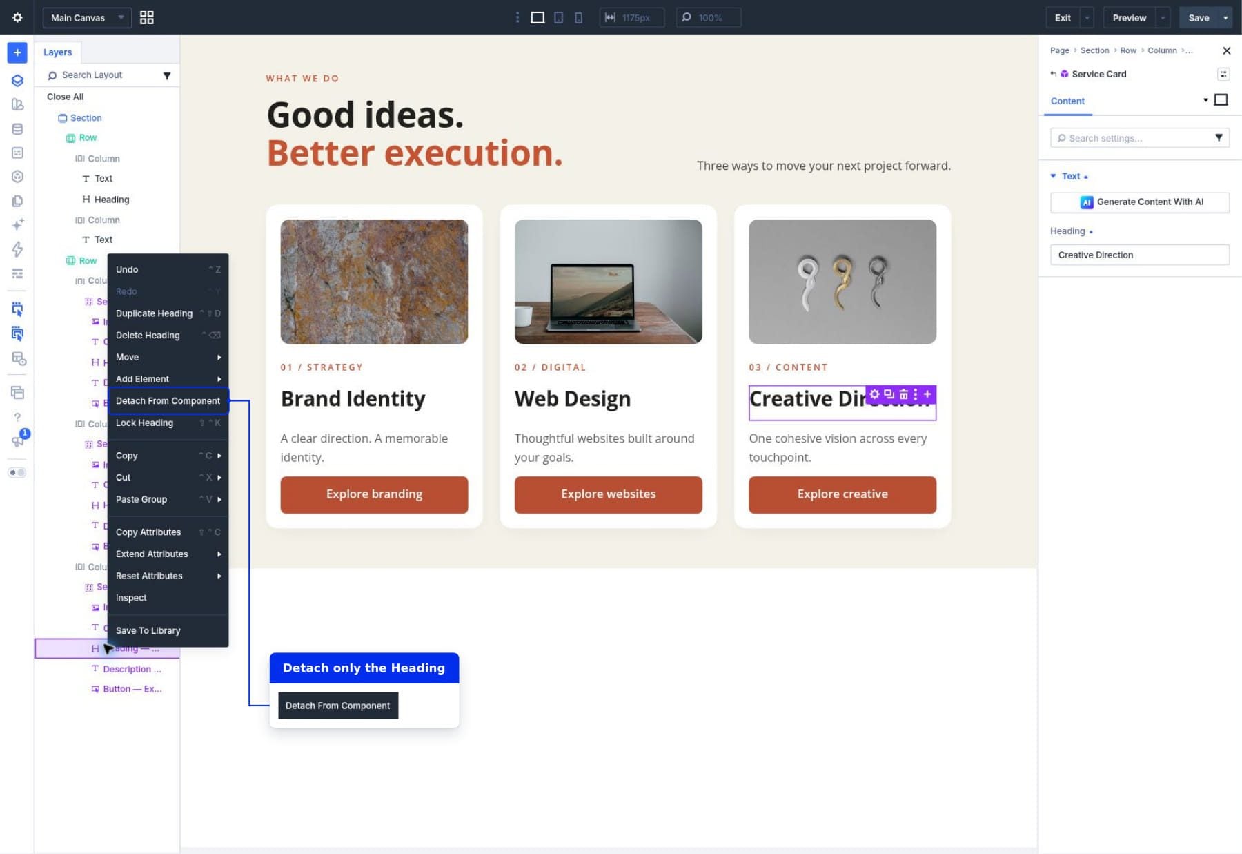 Detach From Component command for the Creative Direction Heading module