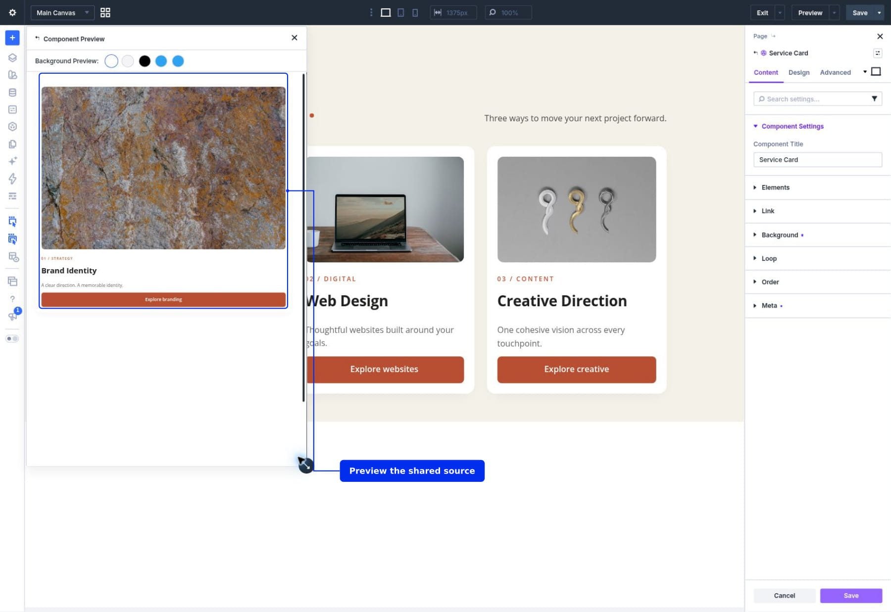 Service Card source settings and Component Preview in the Divi 5 builder