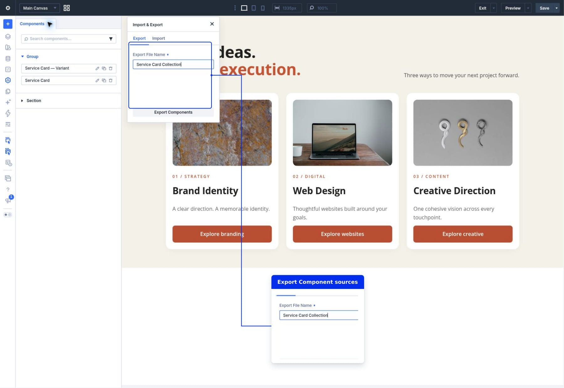Export Components dialog with a Service Card Collection file name