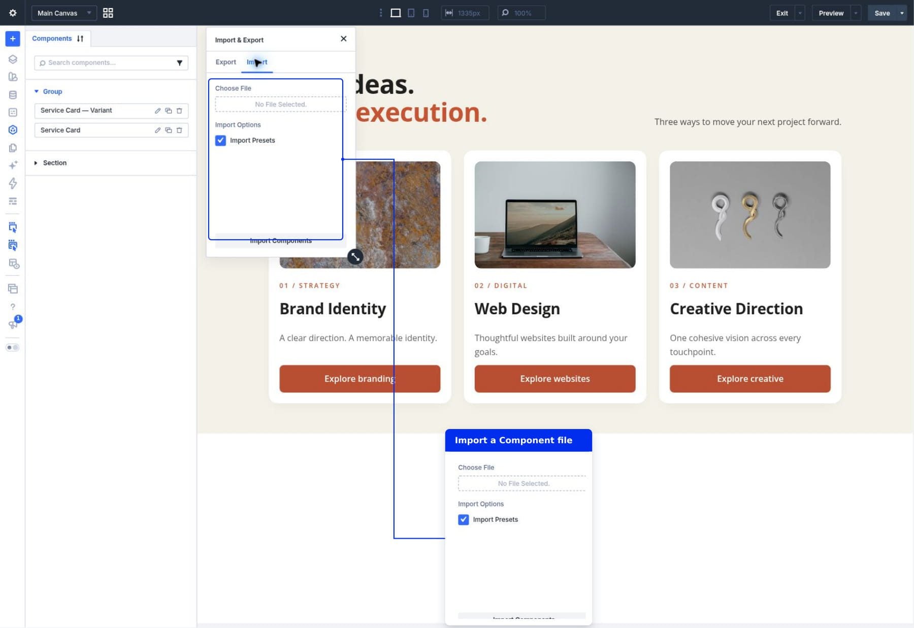 Import Components tab with a JSON file chooser and Import Presets option