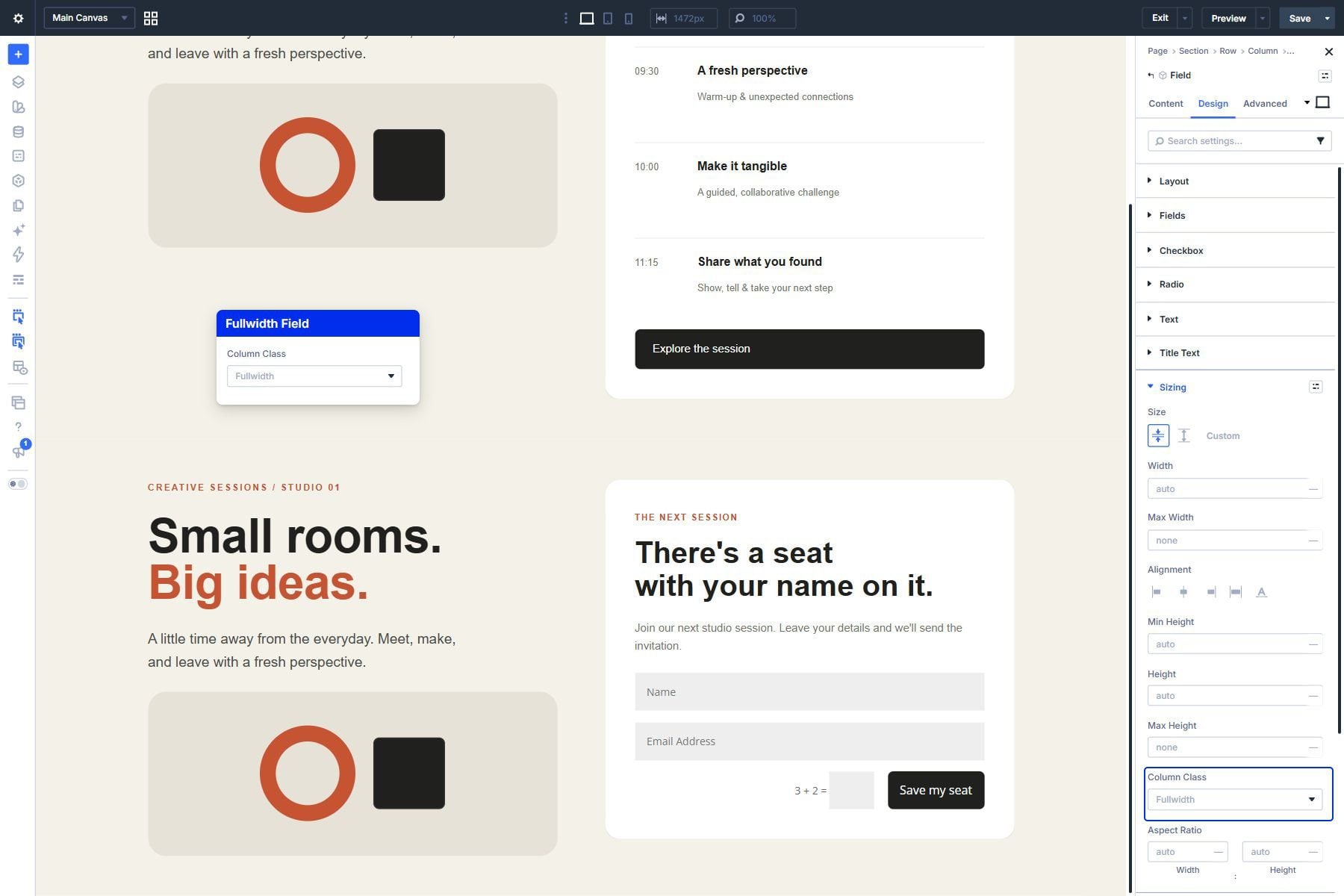 An individual Contact Form Field's Design and Sizing settings with Column Class set to Fullwidth.
