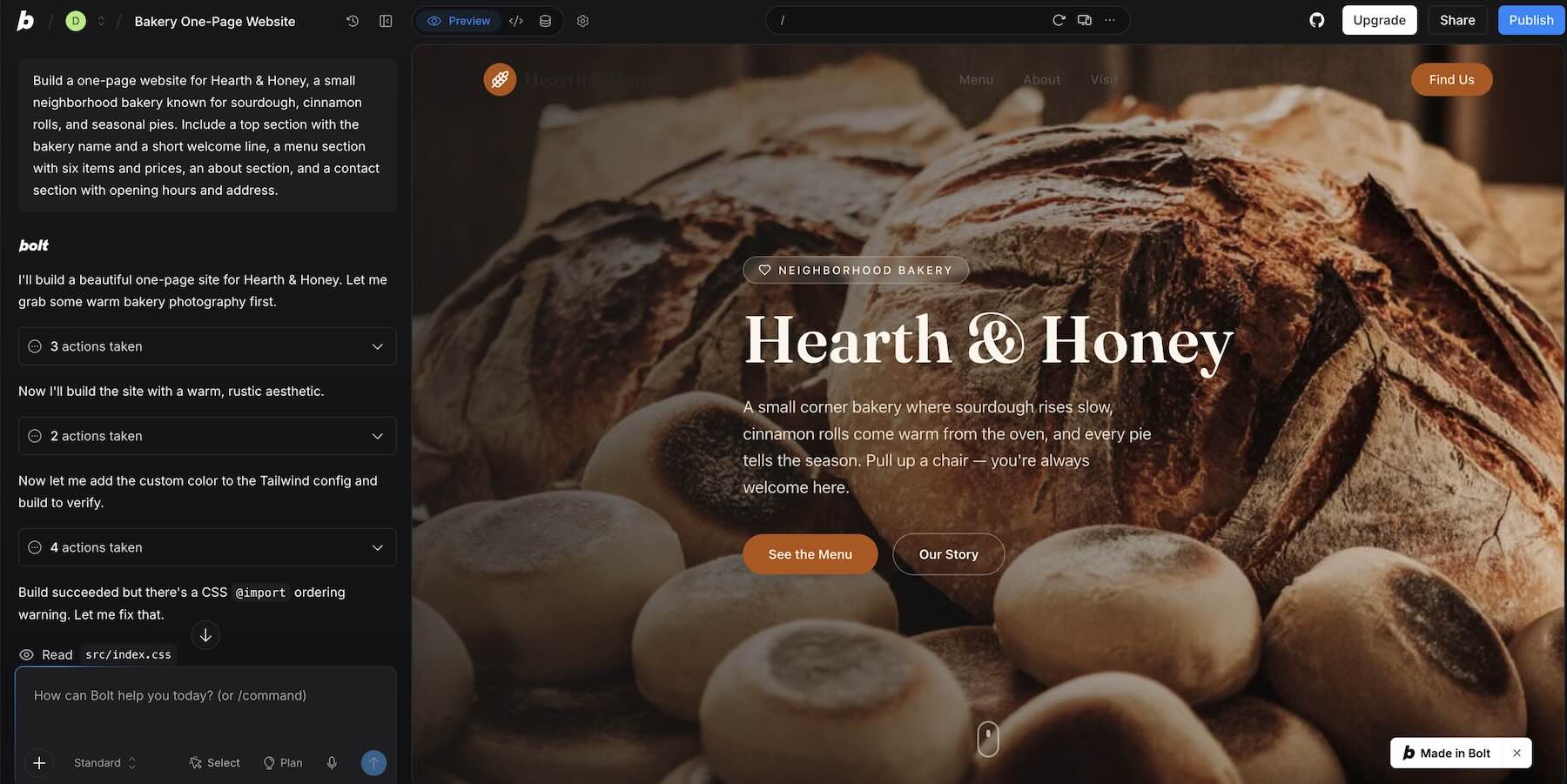 Bolt AI application builder showing its project workspace