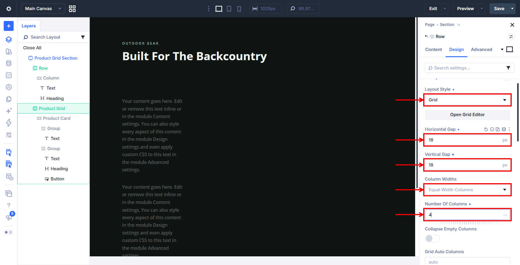 Divi 5 The Four Equal Grid Columns And 18px Gaps