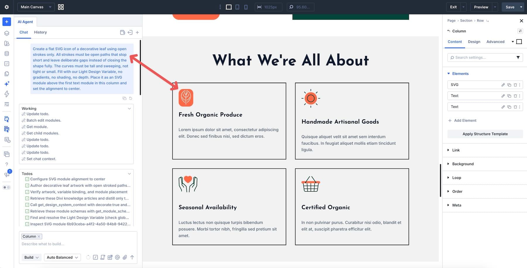 A detailed SVG creation request in Divi AI Agents