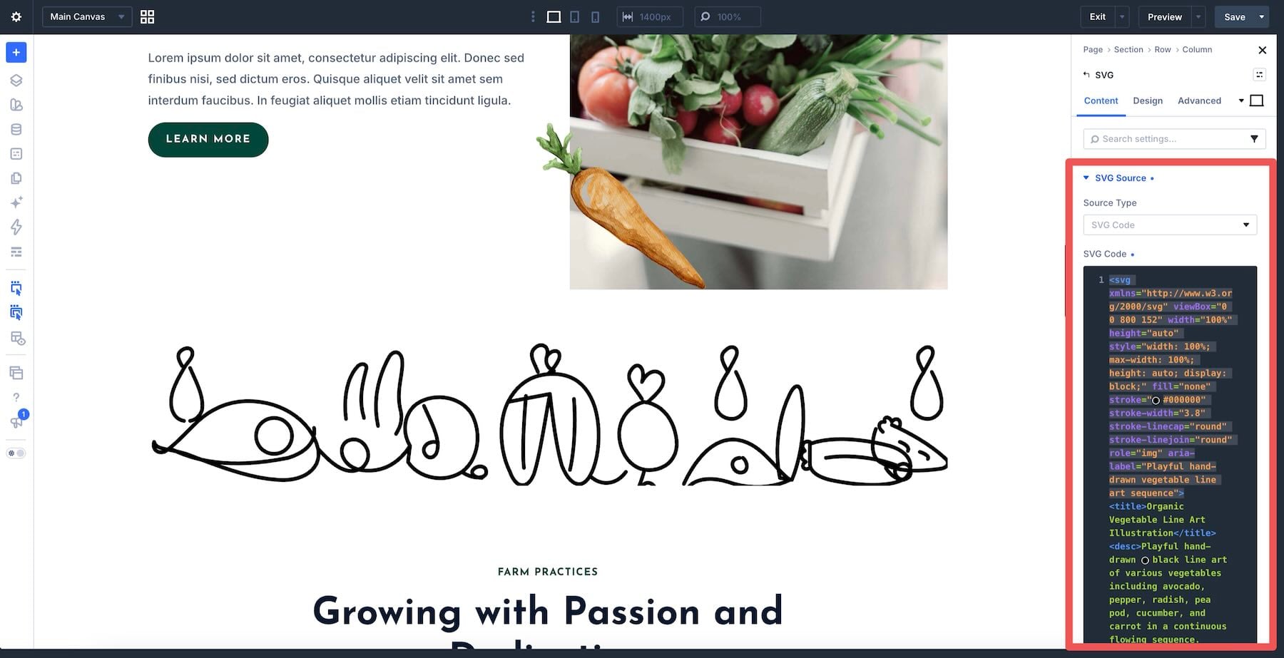 SVG markup entered in the Divi 5 SVG Module