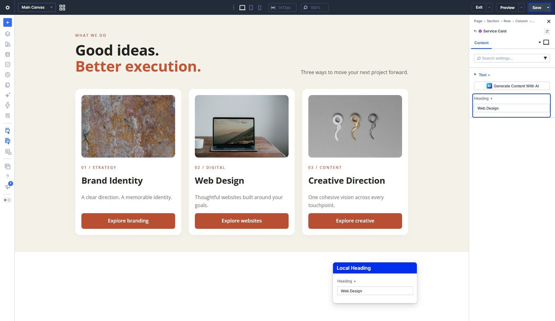 The Web Design instance showing local Heading controls and the page Save button