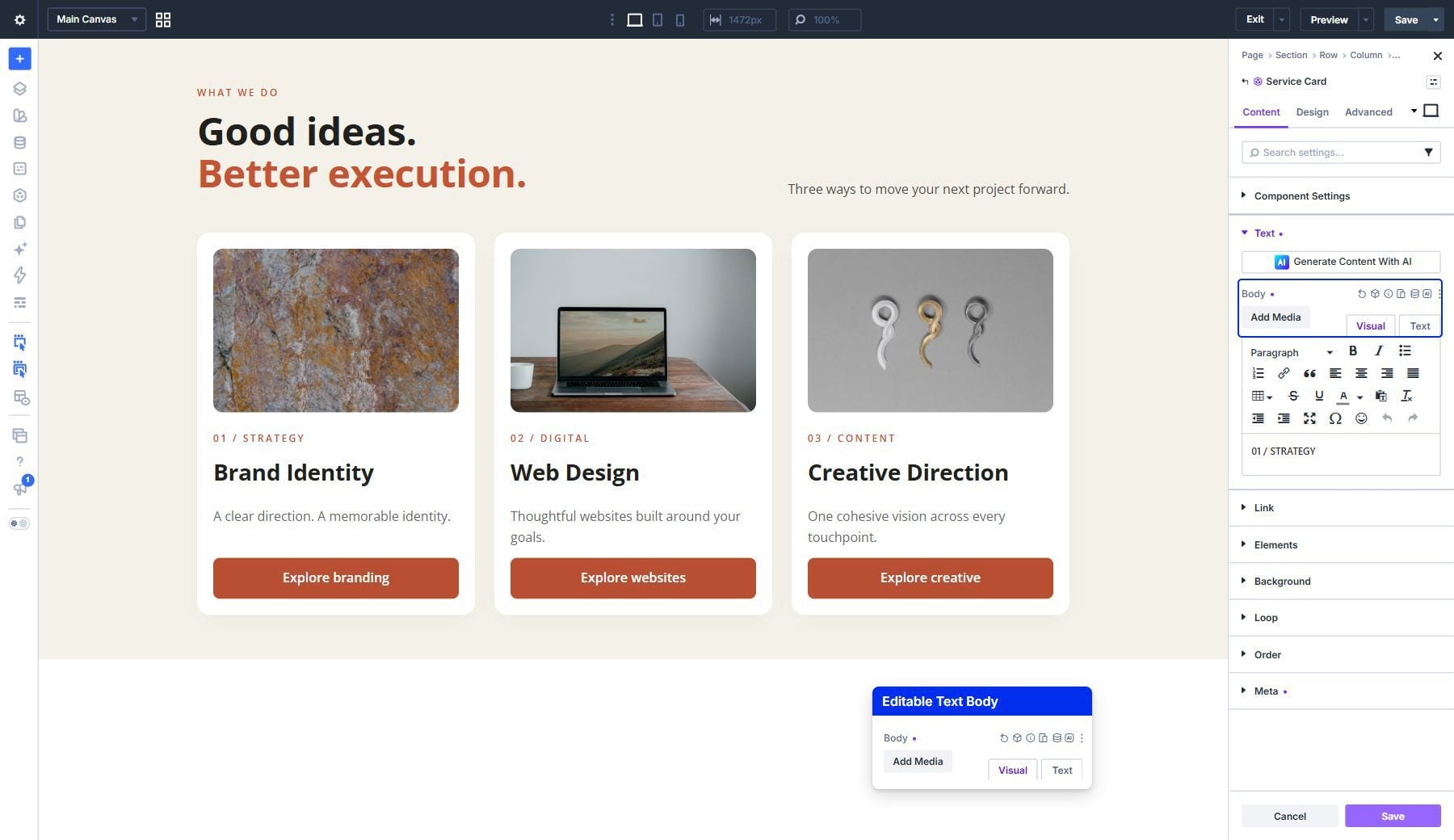 The category Text module's Body field enabled for instance editing