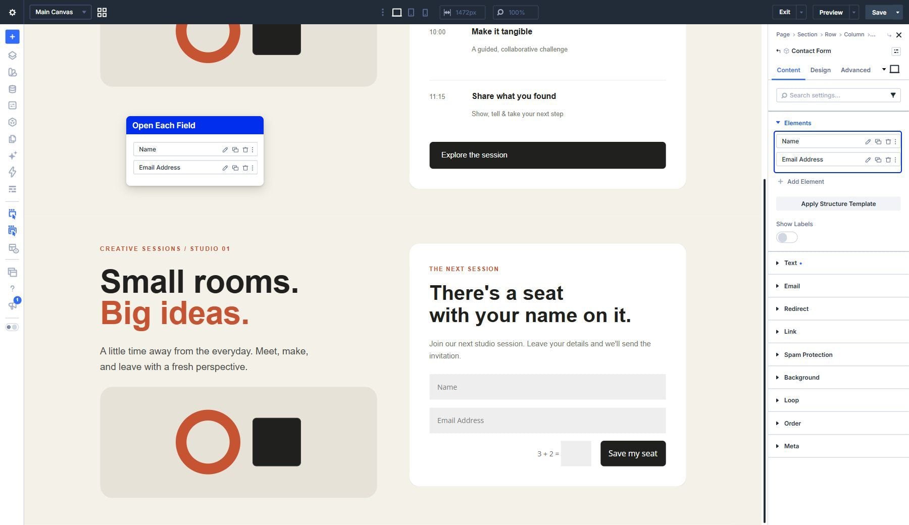 The local Contact Form's Elements list with pencil controls beside Name and Email Address.