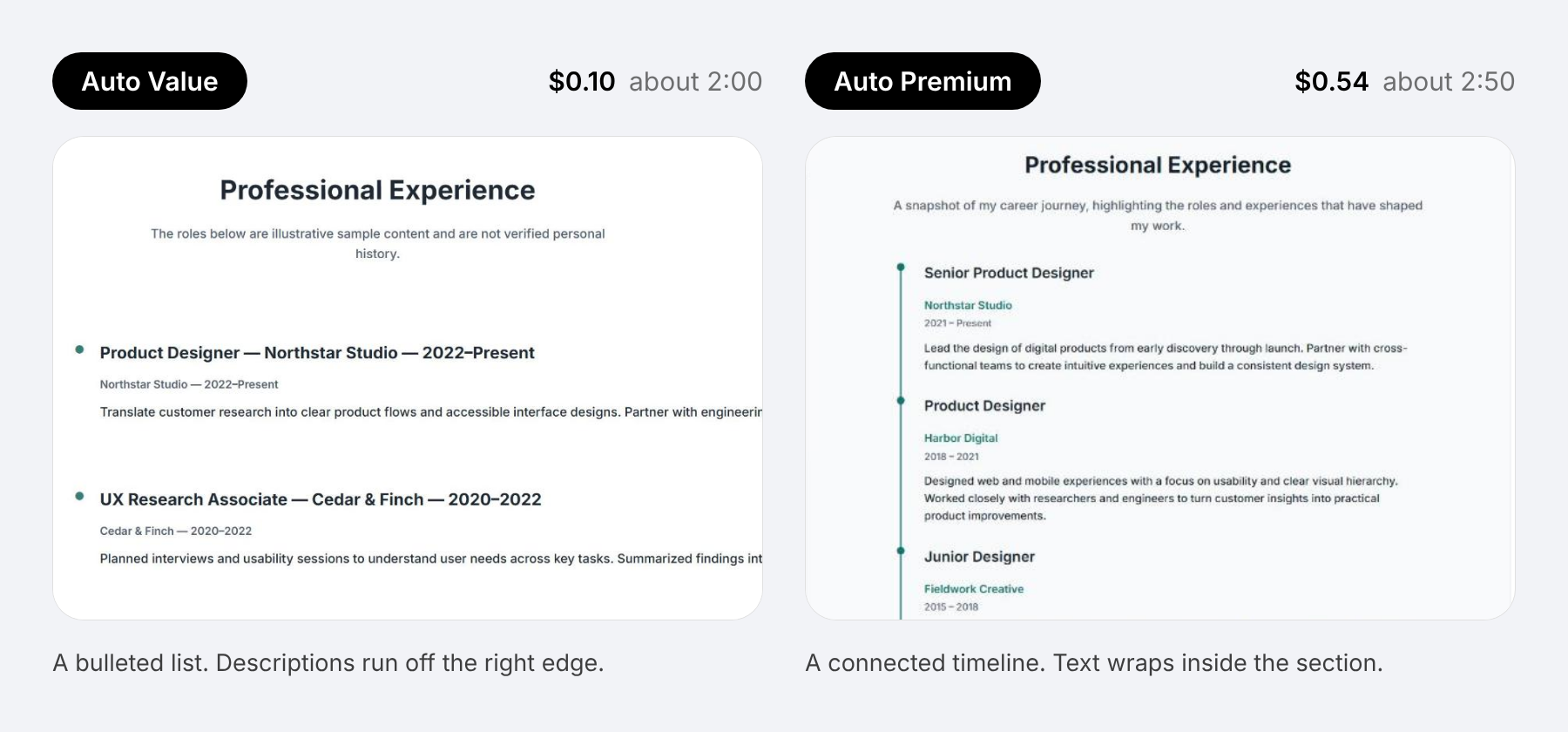 Professional Experience section results from Auto Value and Auto Premium shown side by side