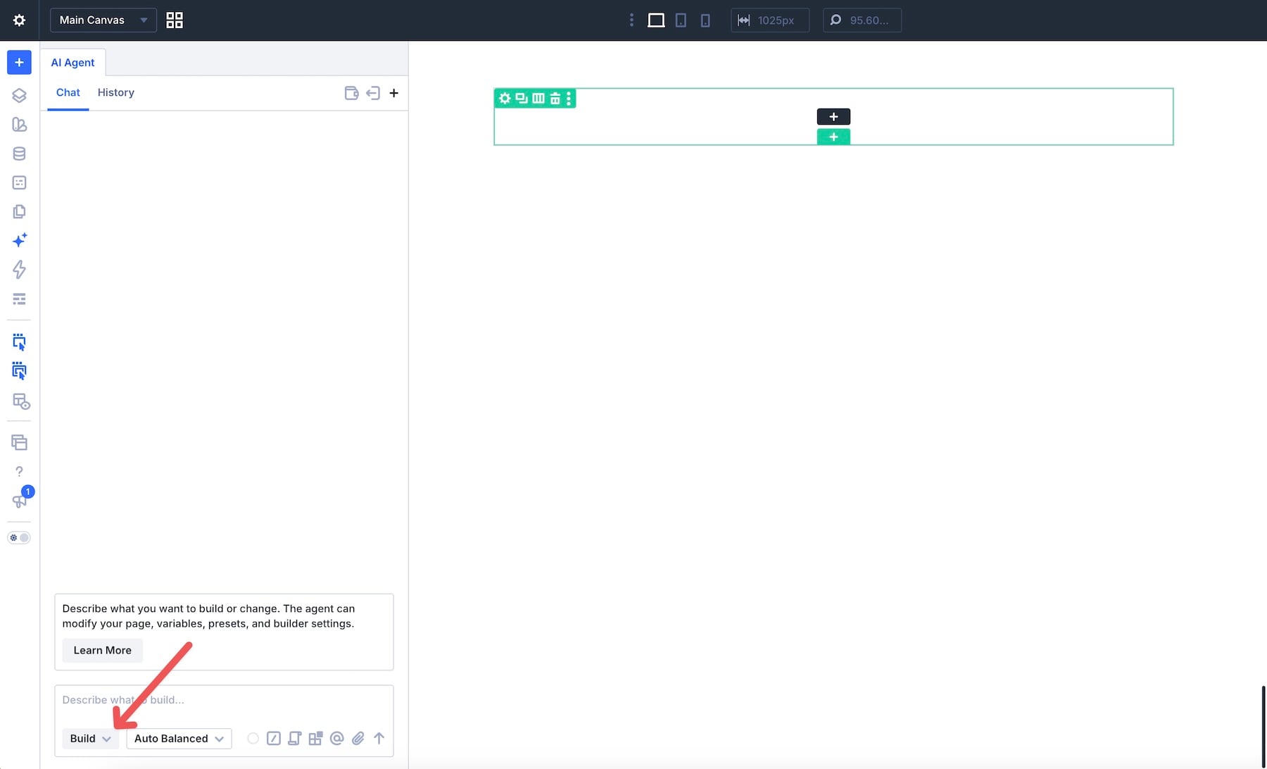 Ask and Build mode controls in Divi AI Agents
