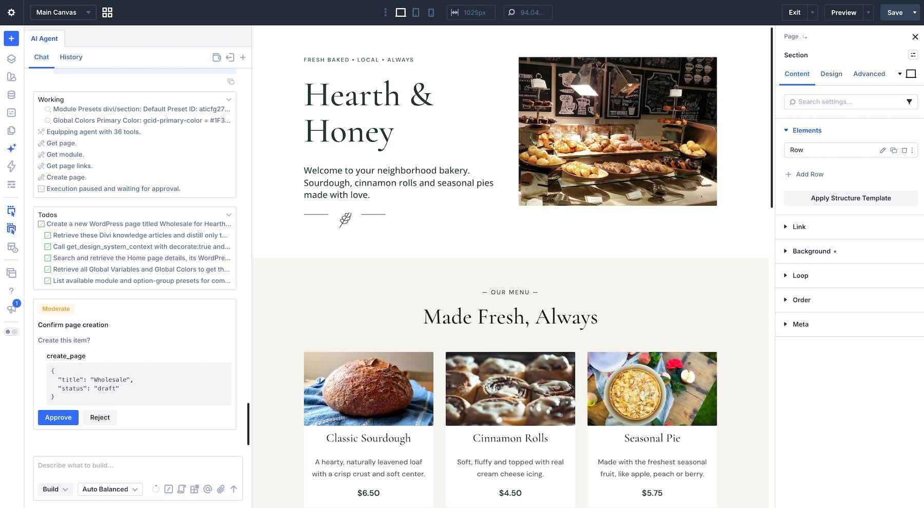 Creating a new Wholesale page through the Divi AI agents interface