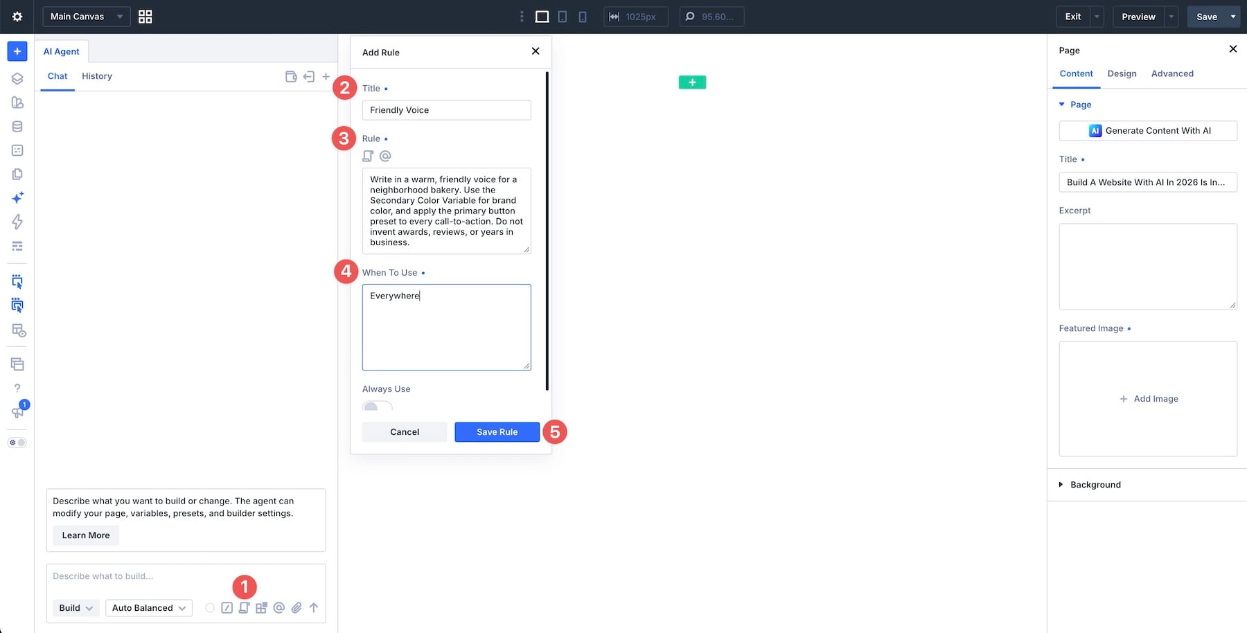 Creating a persistent Rule in the Divi AI agents interface