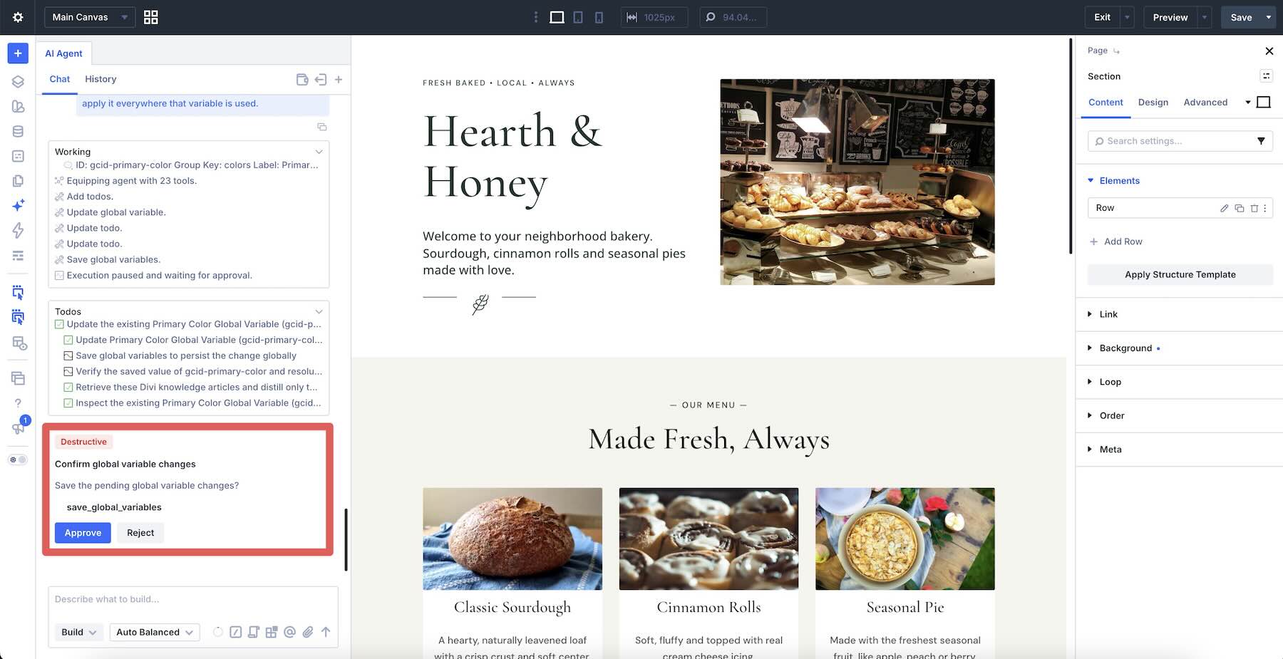 Divi AI agents requesting approval before a destructive design-variable action
