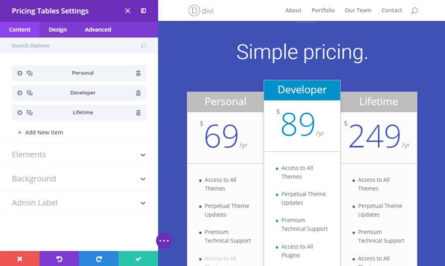 Le module de tableaux des tarifs de Divi