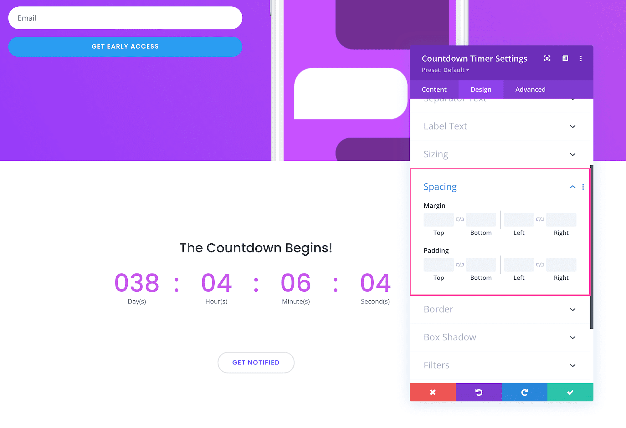 Divi Countdown Timer Module spacing