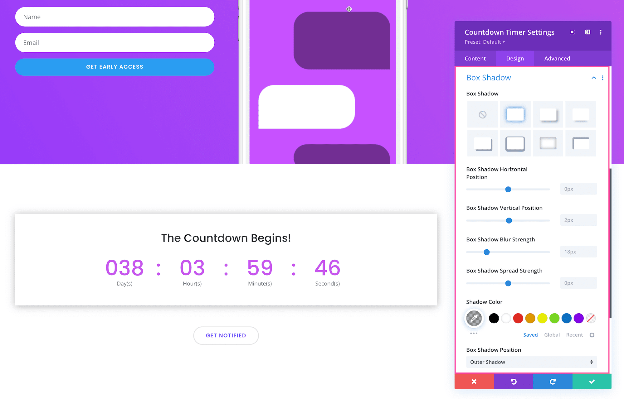 Divi Countdown Timer Module box shadow