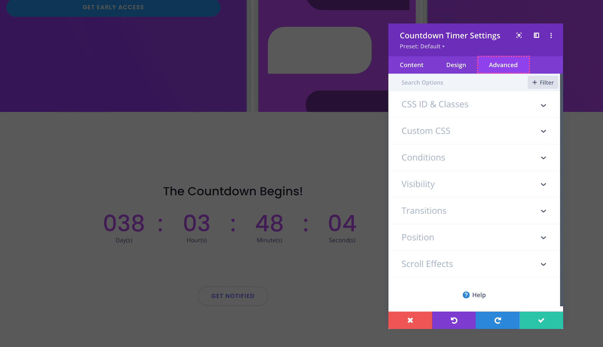 Divi Countdown Timer Module advanced settings