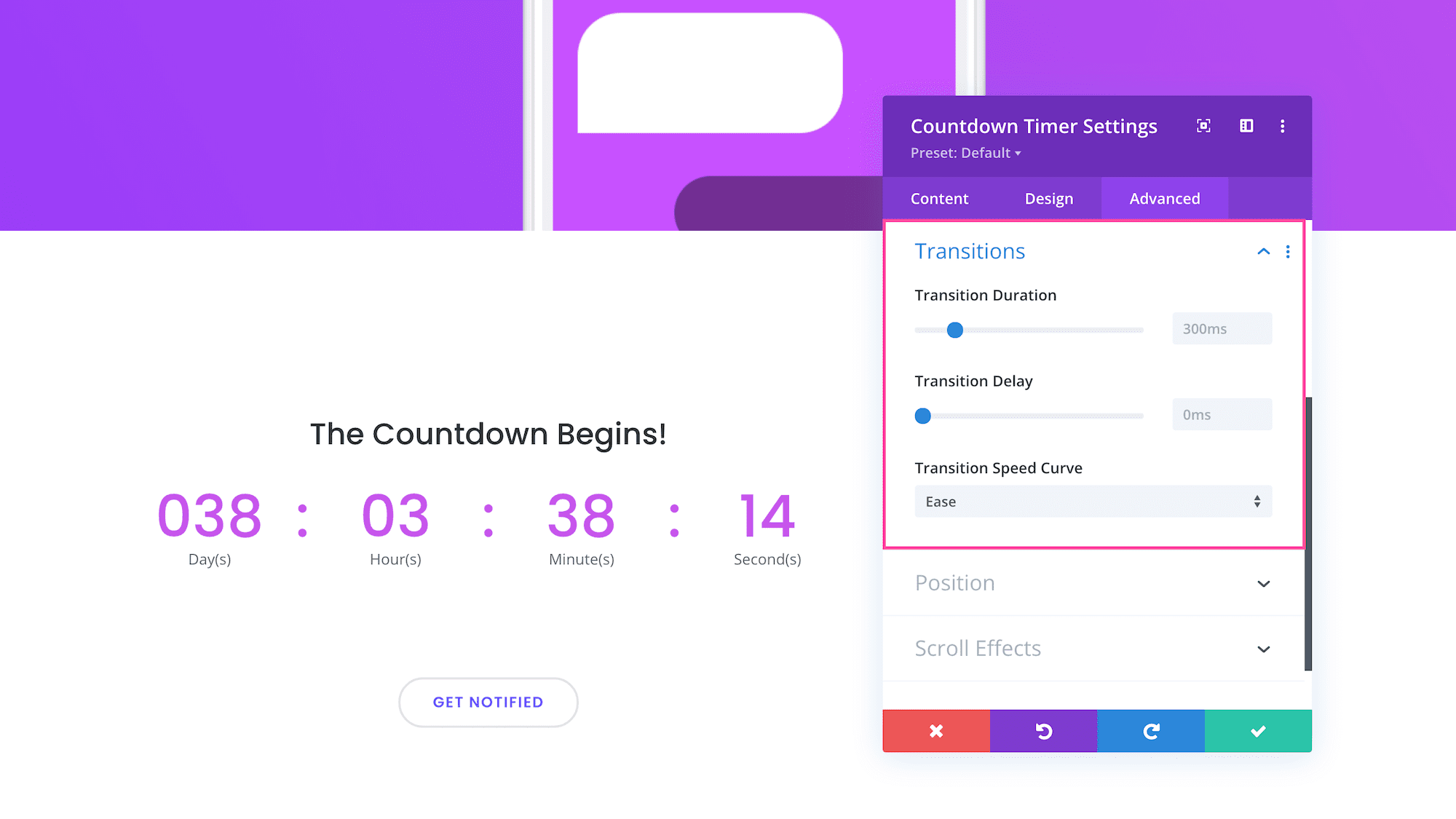 Divi Countdown Timer Module transitions