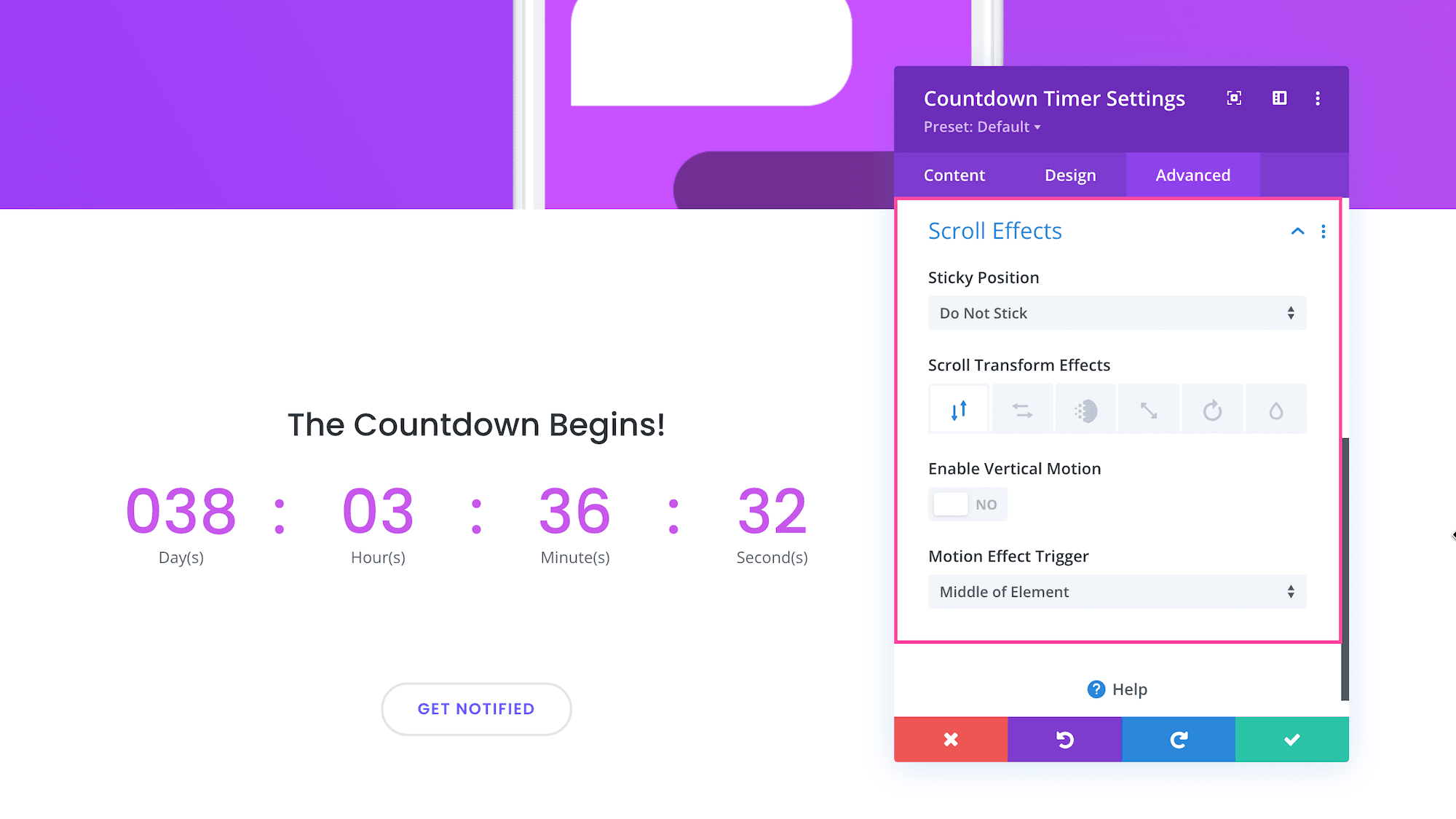 Divi Countdown Timer Module scroll effects