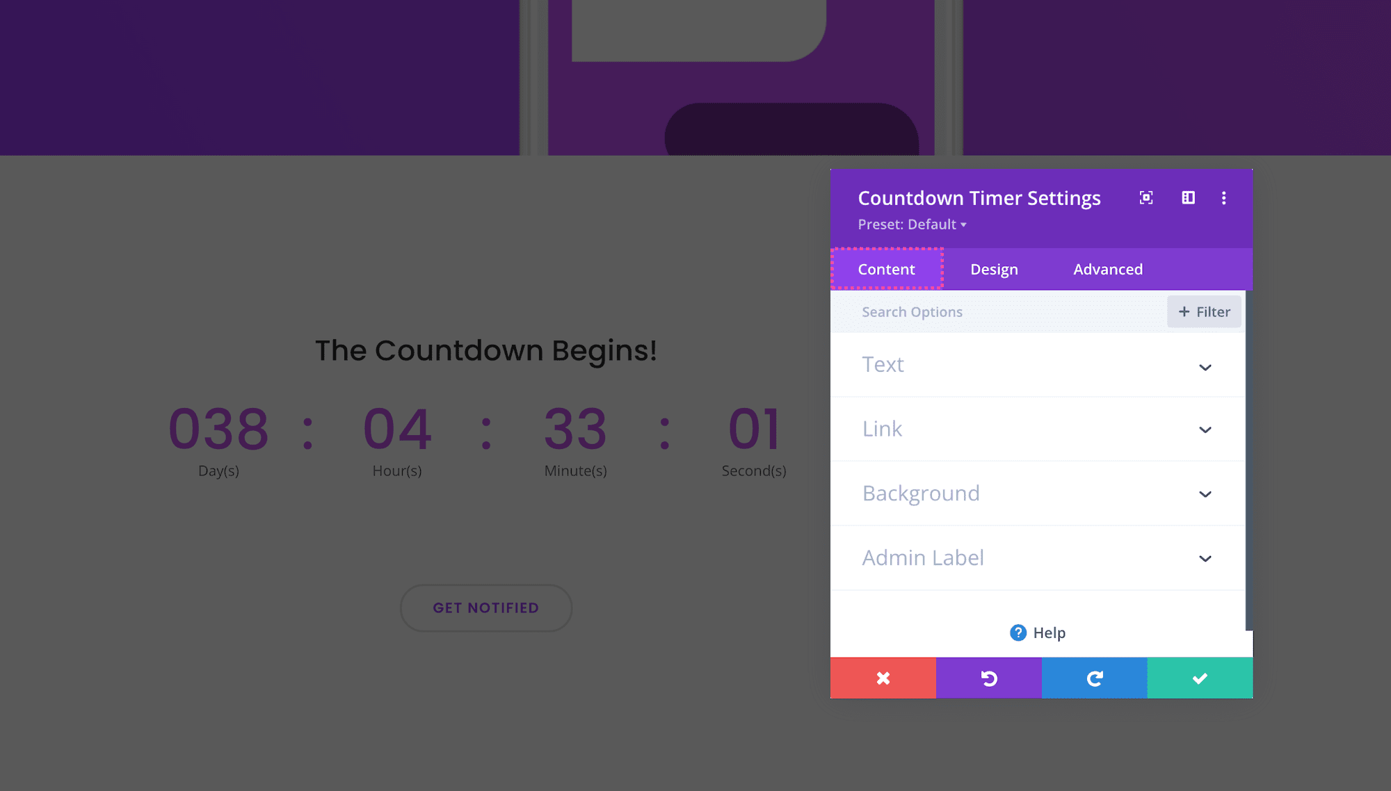 Divi Countdown Timer Module Content Settings