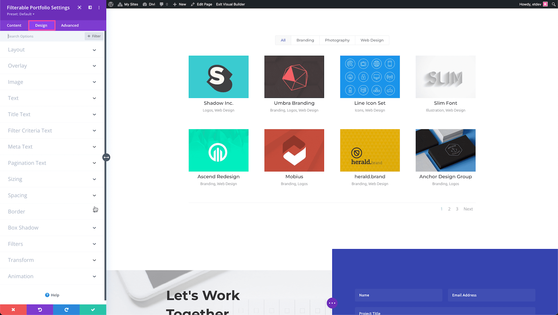 Divi Filterable Portfolio Module Design settings