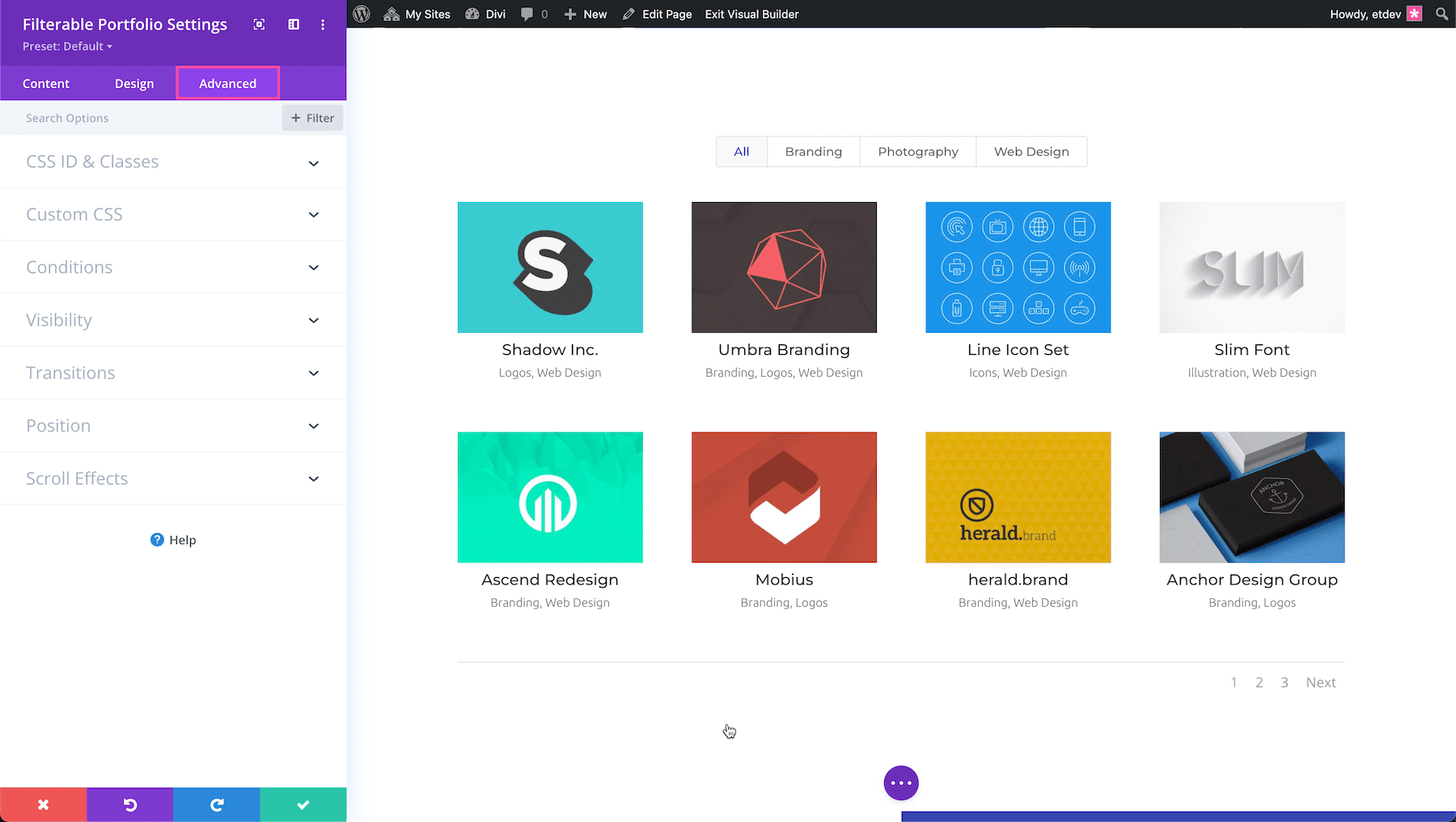Divi Filterable Portfolio Module Advanced settings