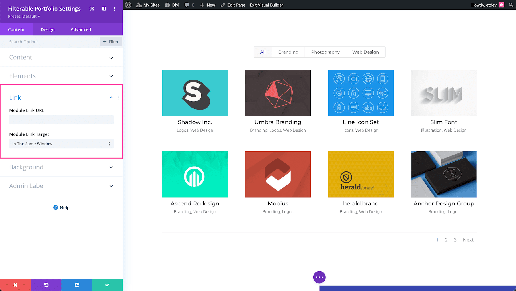 Divi Filterable Portfolio Module link options