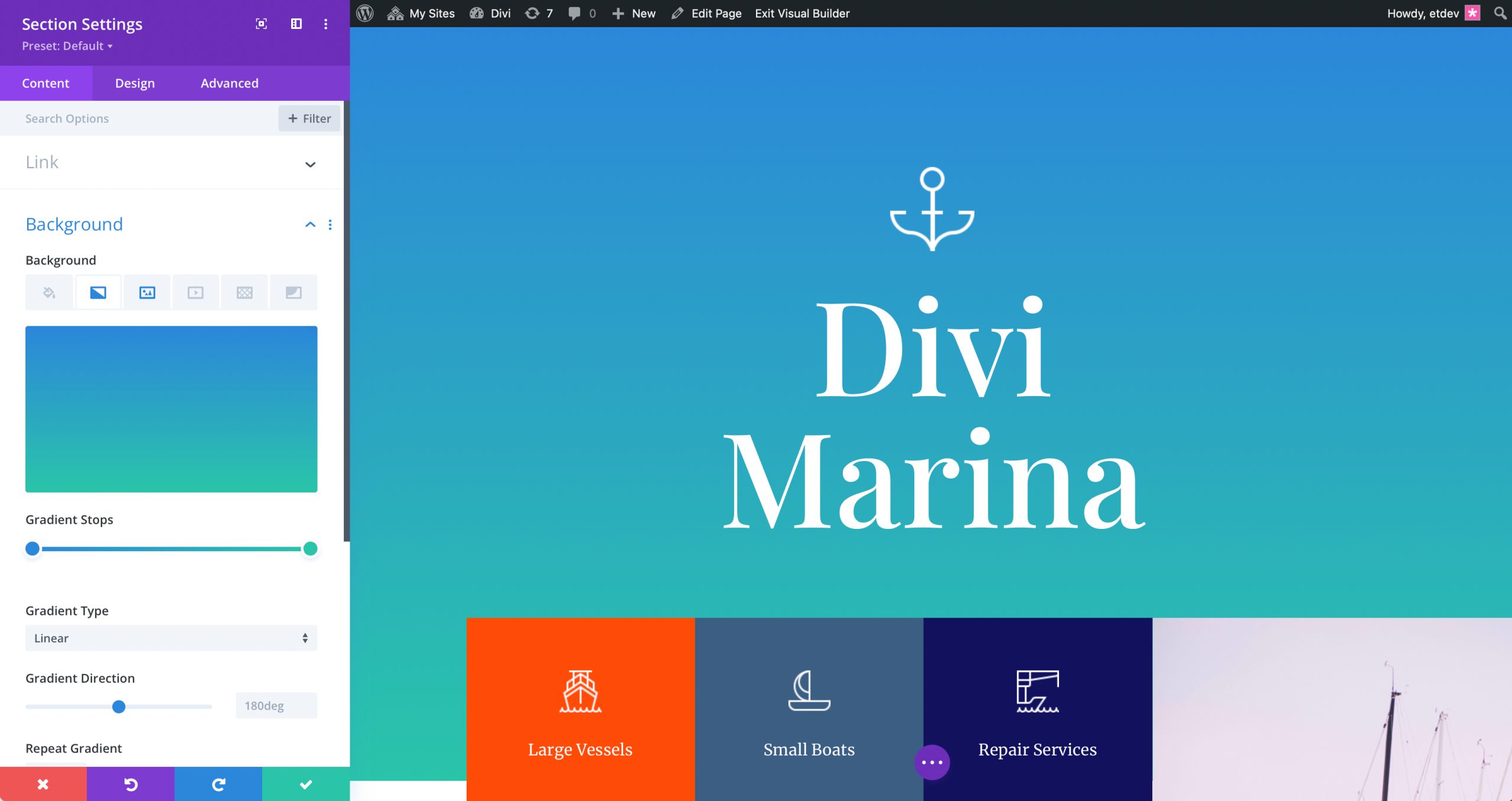 Divi default Gradient Builder colors